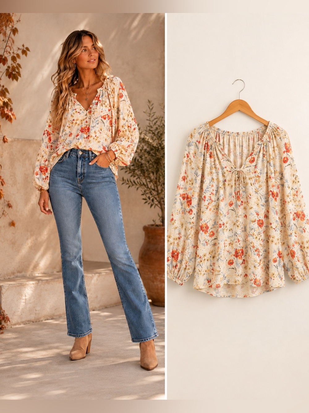 THE GREAT. Floral Peasant Blouse Cream Multicolor Size 1 Small NWT
